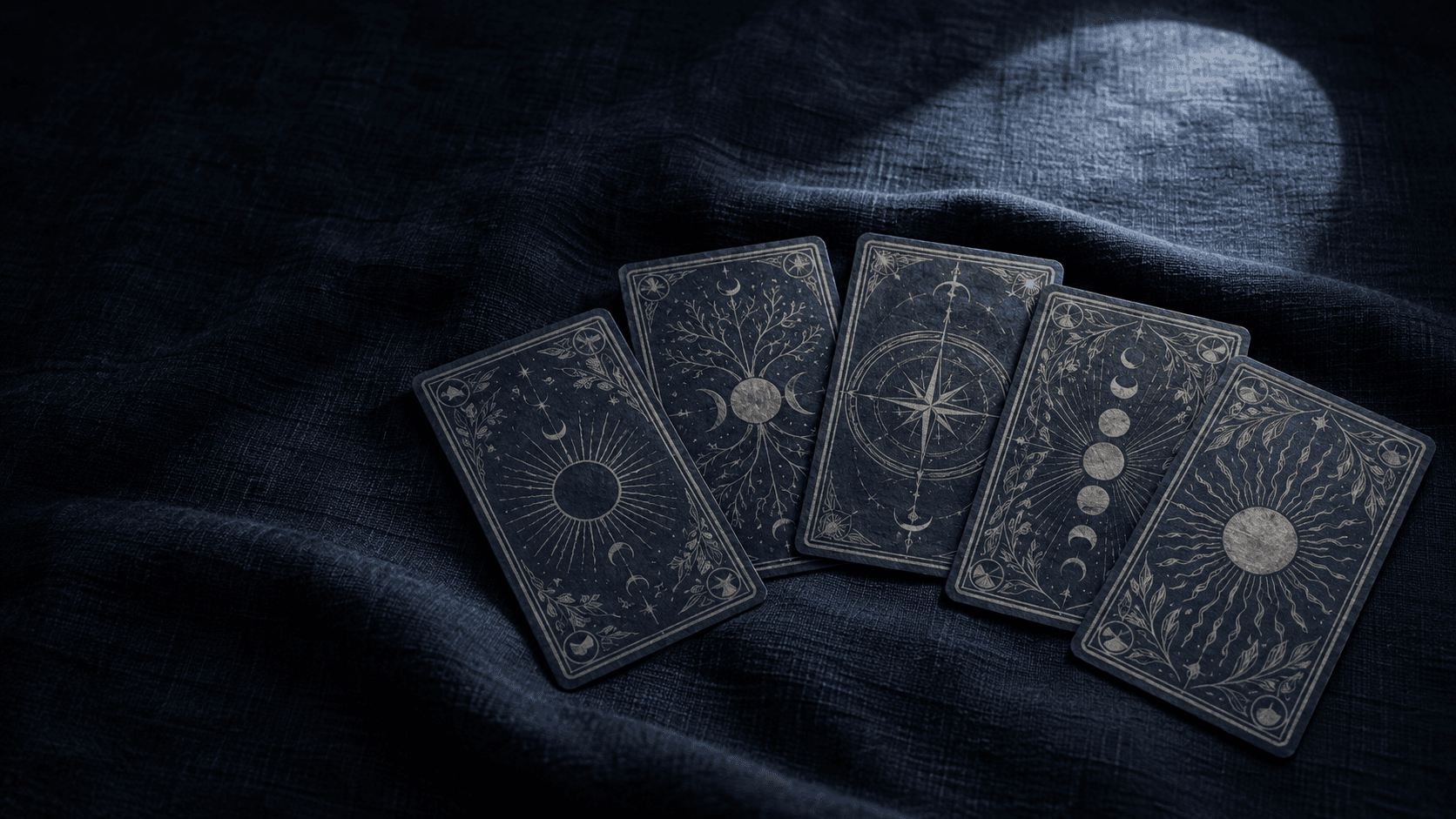 Five face-down tarot cards on midnight-blue cloth.