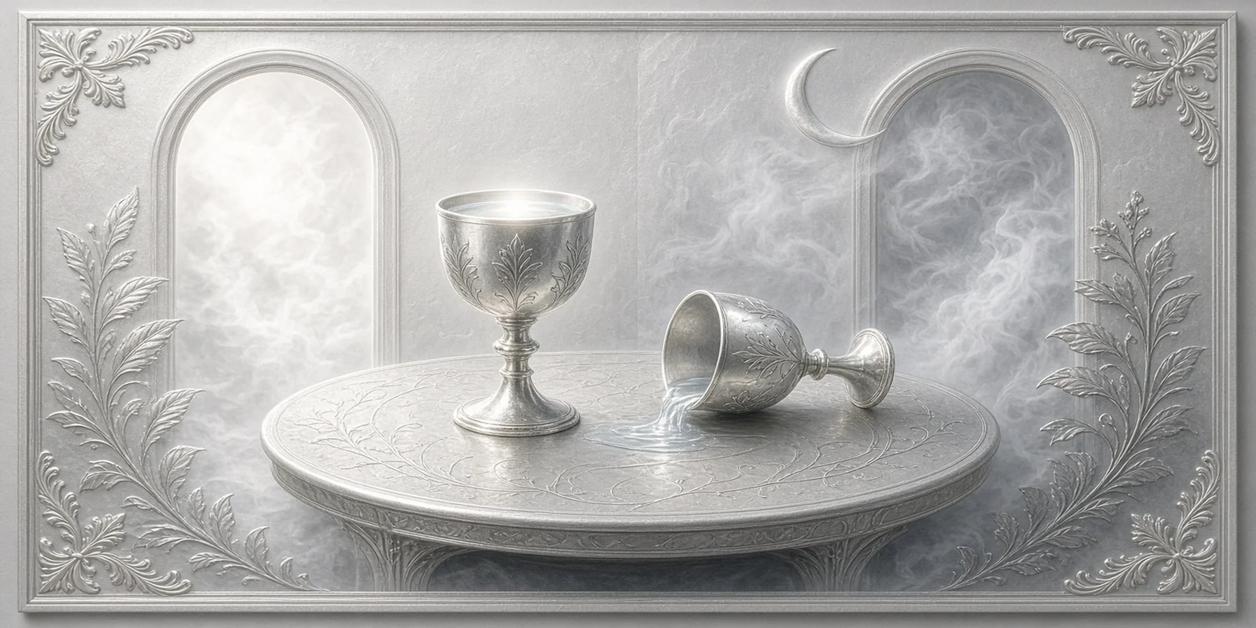A silver mist scene with a stone table holding an upright glowing cup beside a tipped cup spilling water, two arched panels of light and shadow, and a crescent moon.