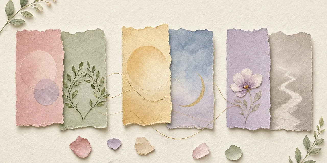 Pairs of torn-paper card panels in rose, sage, gold, blue, and lavender overlap on an ivory background, linked by fine gold threads.