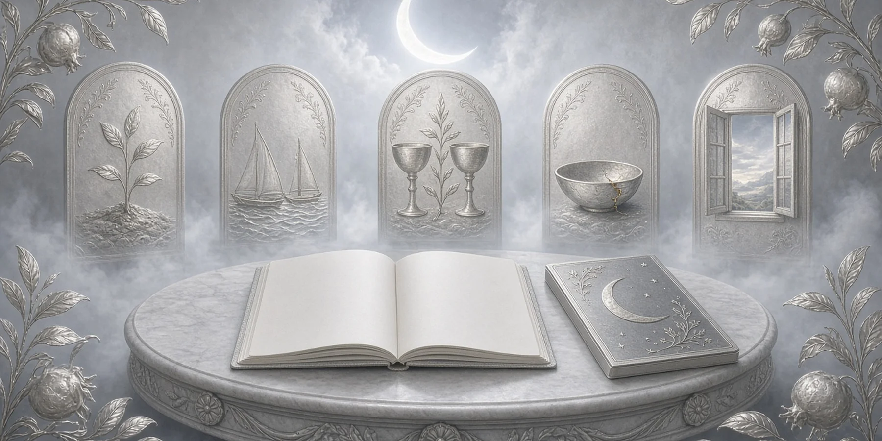A silver mist scene with a stone table holding an open notebook, five arched silver panels showing stages of love, and a crescent moon above.