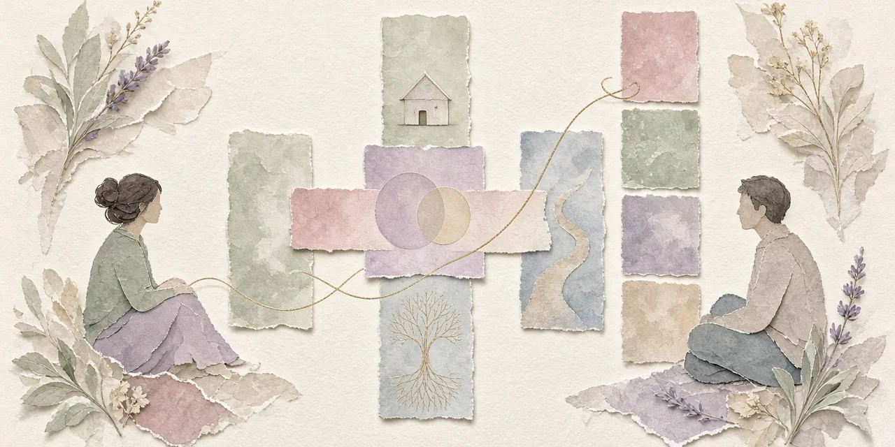 Ten abstract paper panels form a cross and a short column between two calm figures, linked by a fine gold line that circles the center, on warm ivory paper.