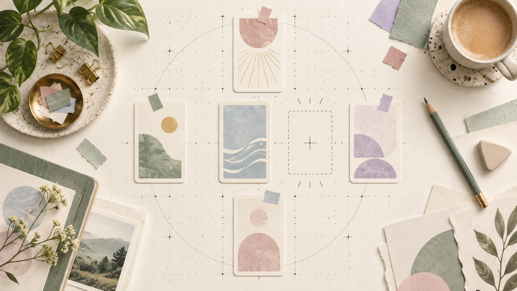 Abstract card-shaped papers are arranged on a planning grid with one open position, suggesting a tarot spread in progress.