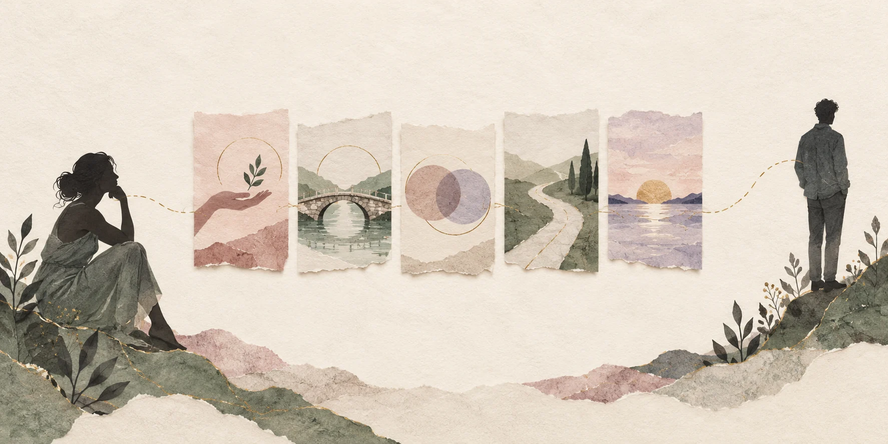 A reflective figure and a distant partner are connected by five abstract panels representing action, connection, and a grounded path.