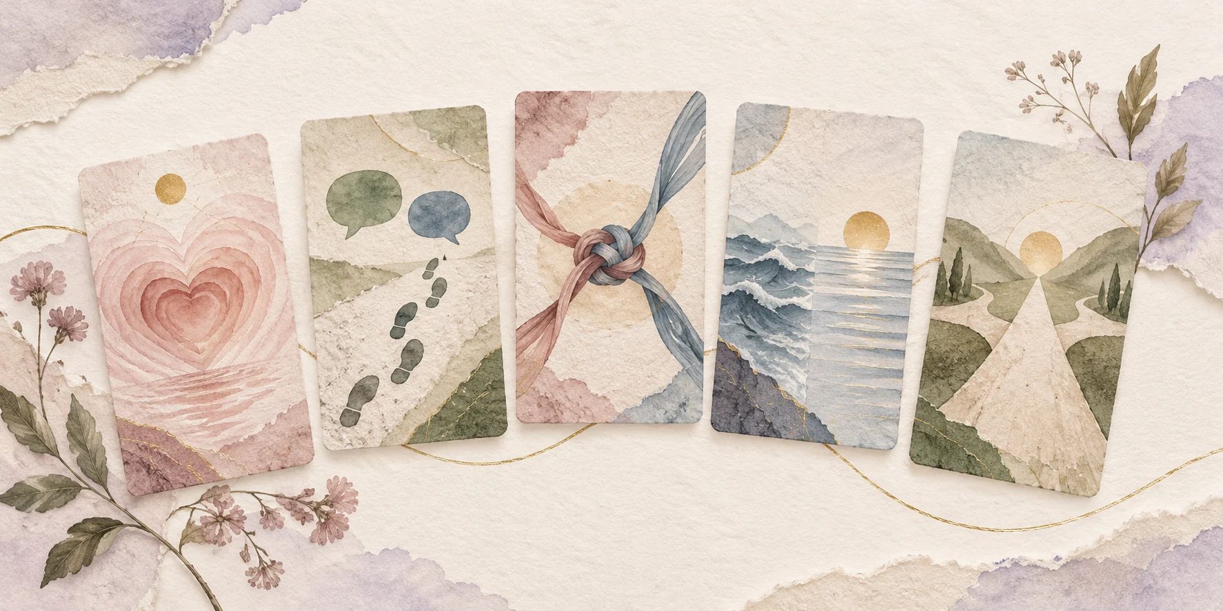 Five abstract cards represent feelings, observable actions, the relationship pattern, changing conditions, and a grounded next step.