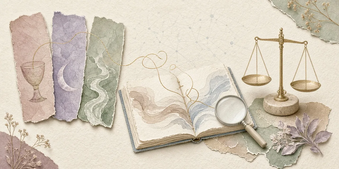 Three abstract paper cards feed a fine gold line into an open notebook of soft lines, beside a small balance scale and a magnifying lens, on warm ivory paper.