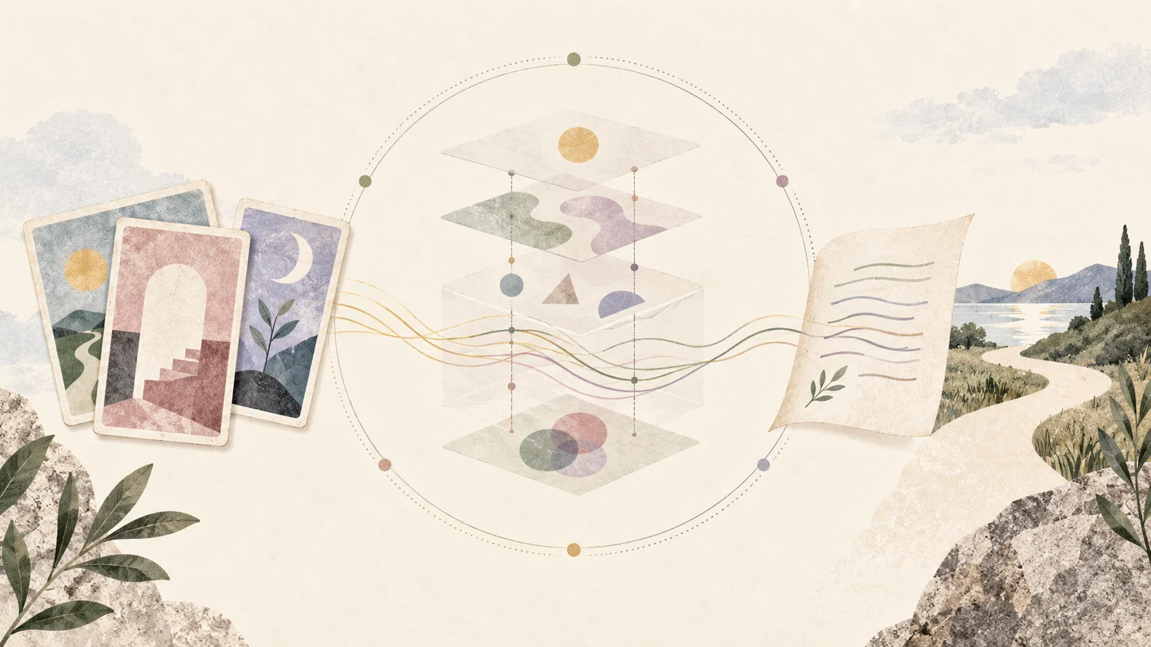 Abstract card panels pass through translucent structured layers toward a written reflection and an open path.