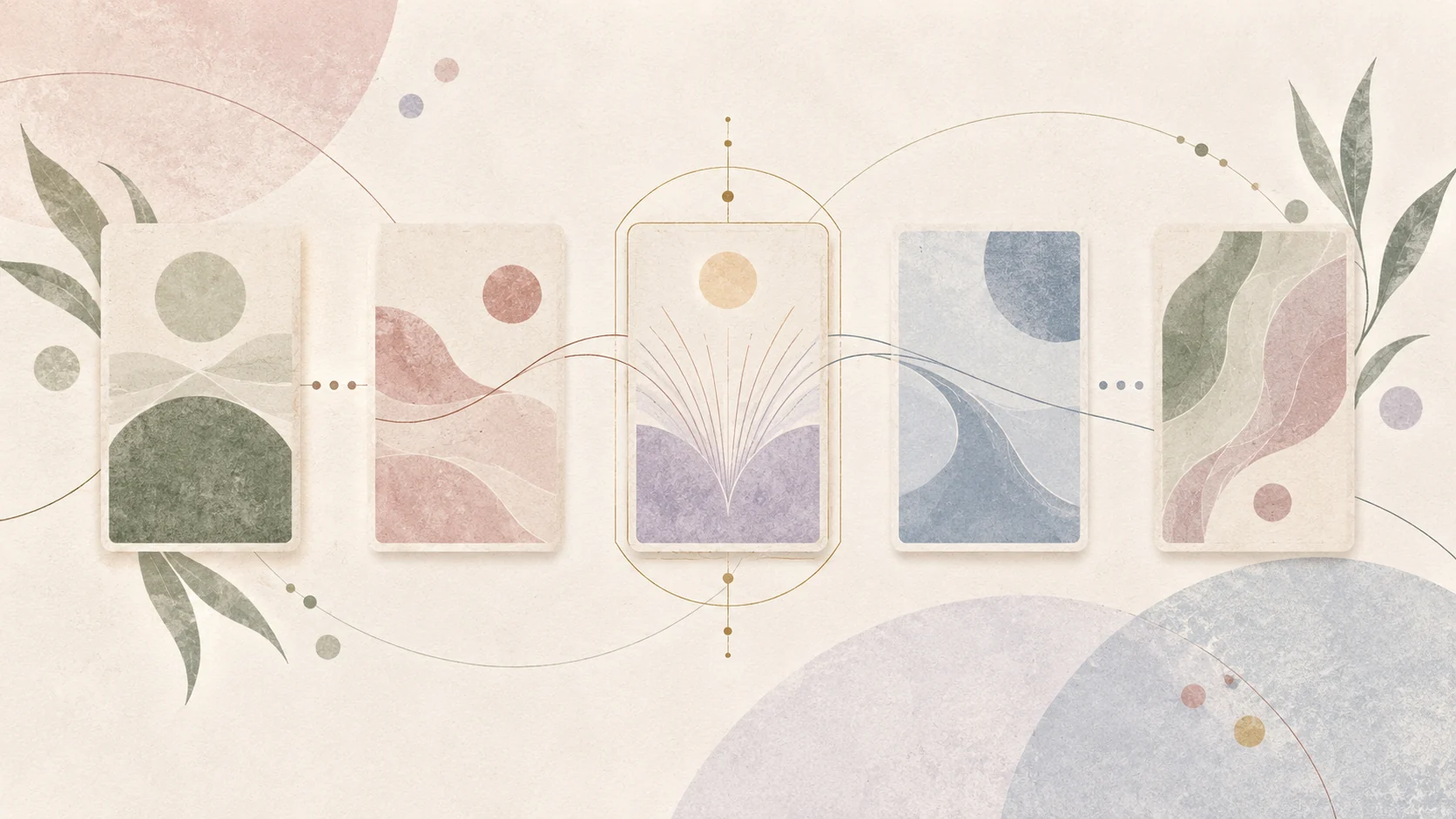 Five abstract card-shaped panels are linked by flowing lines, showing how position and context connect a tarot spread.