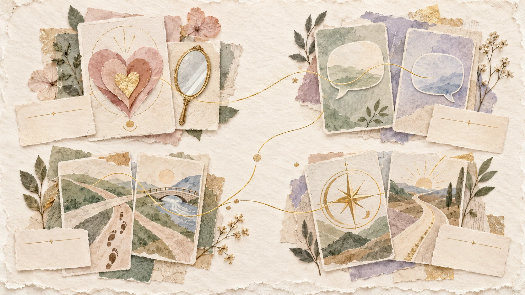 Four groups of paper-collage symbols show self-reflection, communication, observable patterns, and a grounded path for asking clearer love tarot questions.