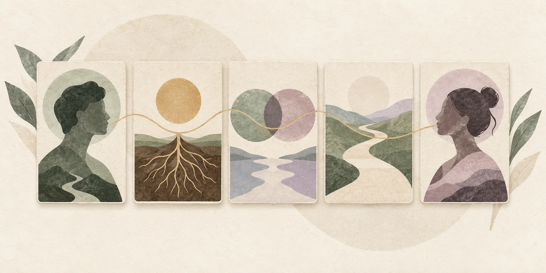 Five abstract tarot cards illustrate two perspectives, shared roots, connection, and an open path.