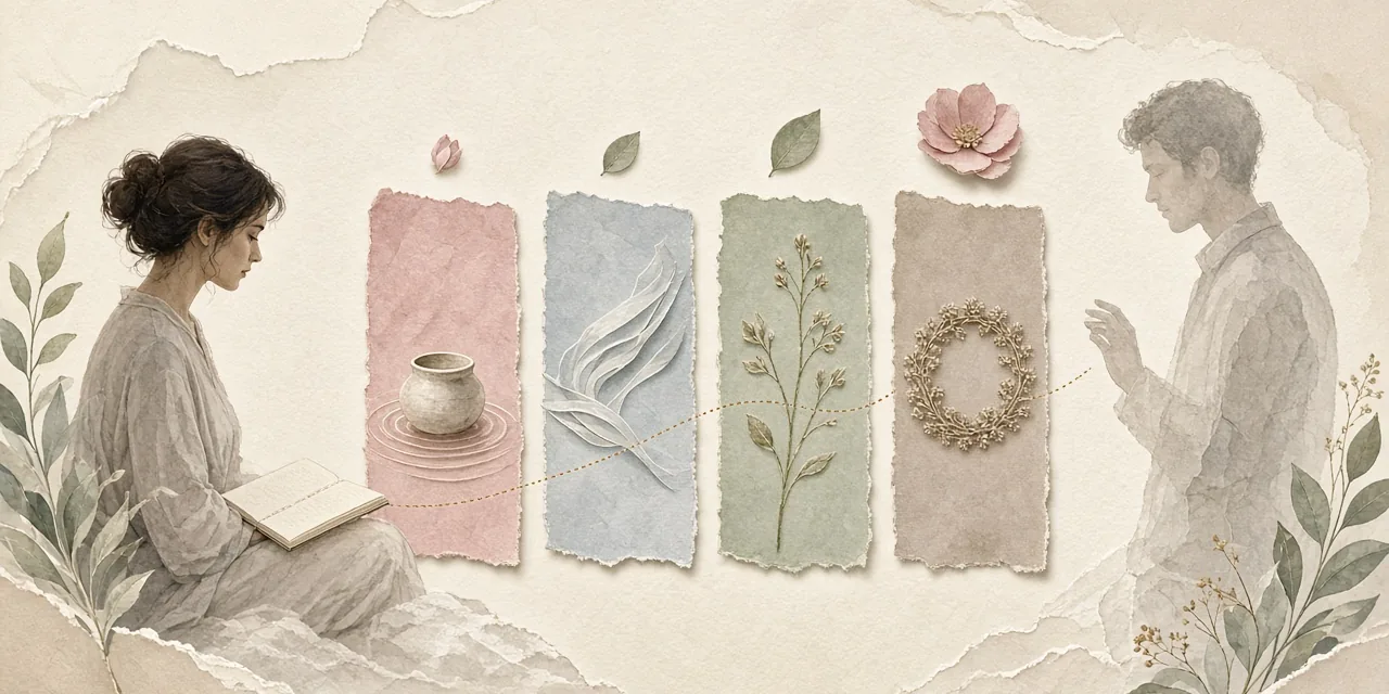 Four torn-paper card panels in rose, blue, sage, and taupe sit between a reflective woman and a distant man, joined by a thin gold line.