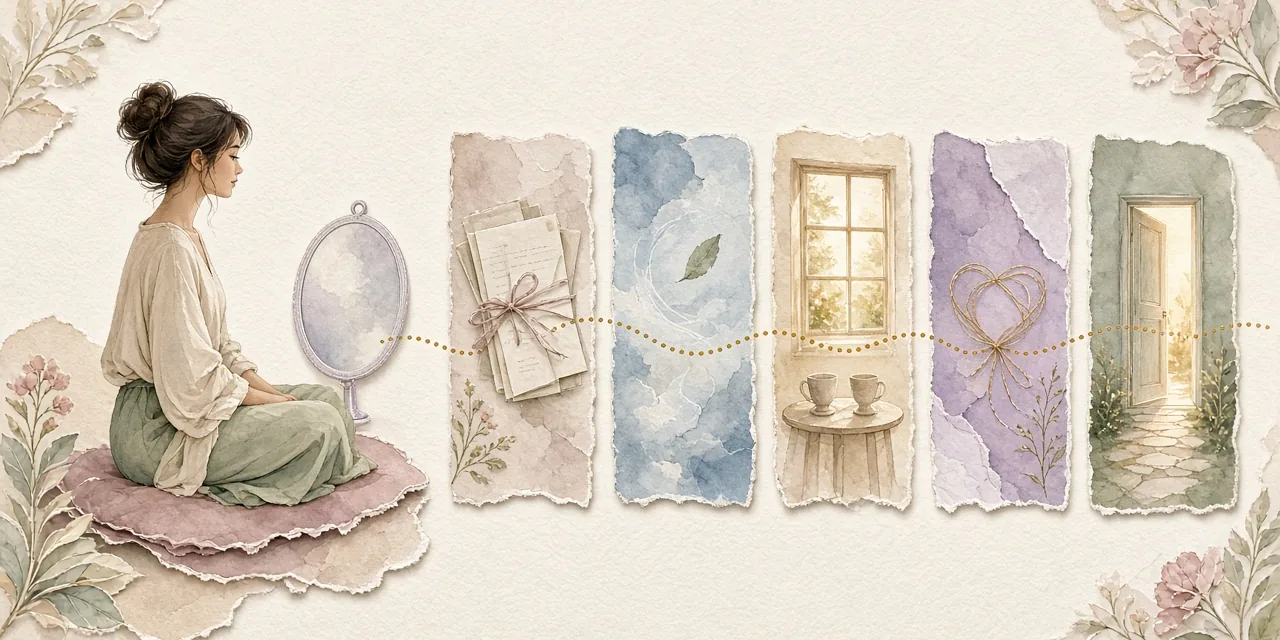 A woman sits calmly beside a small hand mirror while five torn-paper panels, from tied letters to an open doorway, are linked by a fine gold line on warm ivory paper.