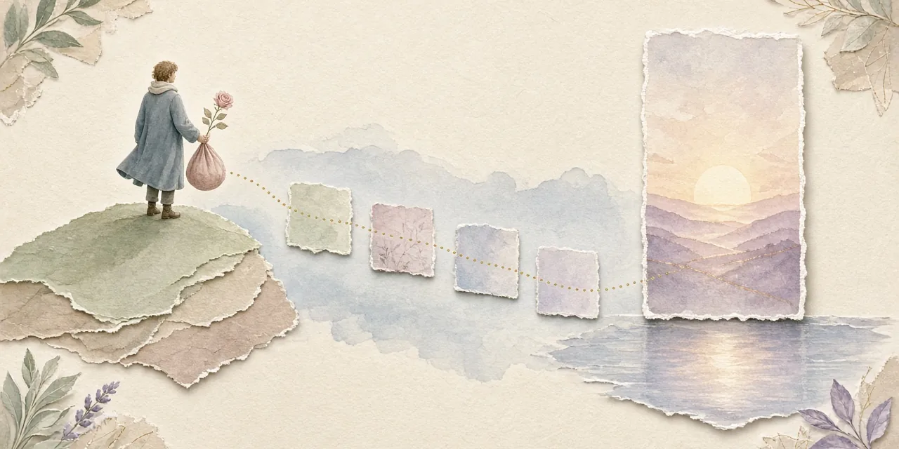 A traveler holding a small bundle pauses at a soft paper ledge, where stepping-stone panels lead toward a sunrise mirrored upside down in calm water below.