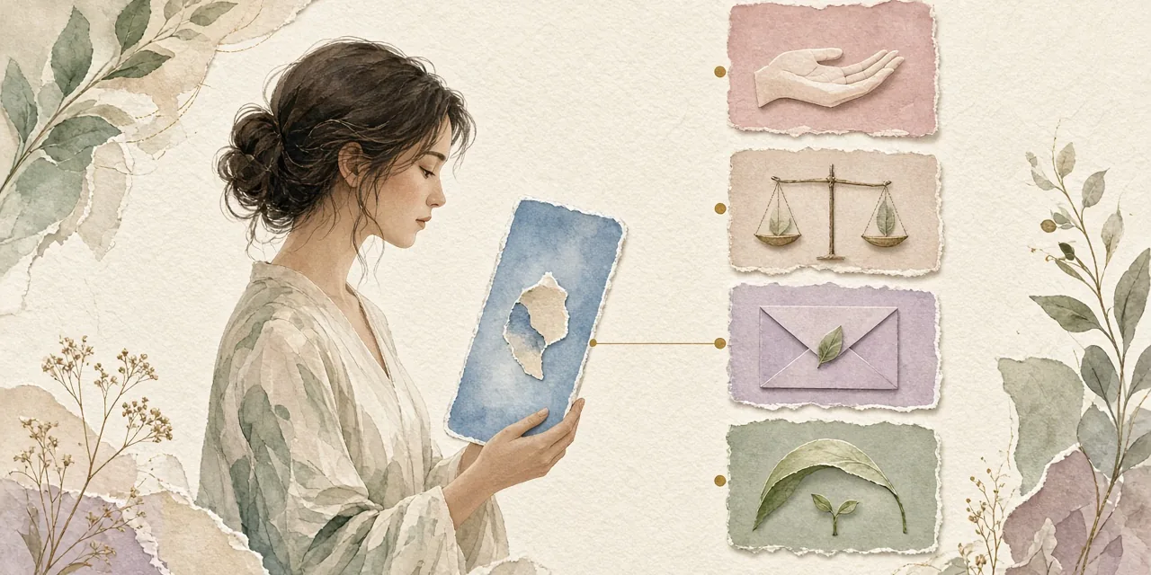 A woman holds a phone-shaped paper card beside a column of small paper panels, each marked with a quiet symbol for honesty, clear terms, privacy, and care.