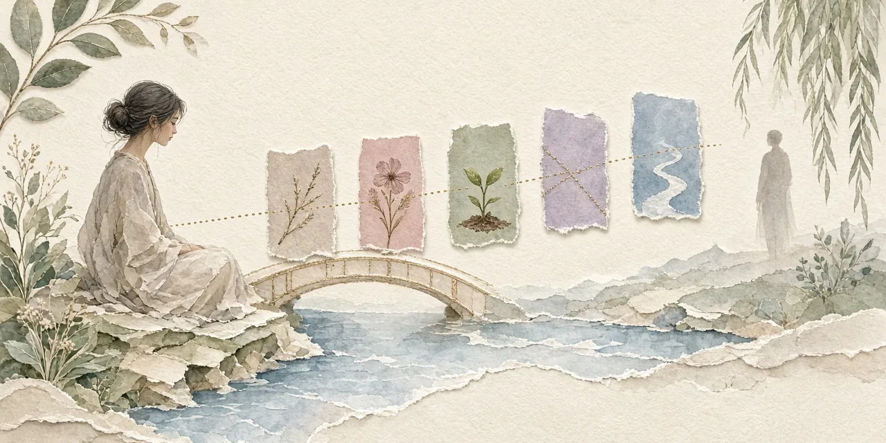A woman sits beside a torn-paper bridge that stops short of a distant figure, with five small paper panels along the gap and a fading gold line.